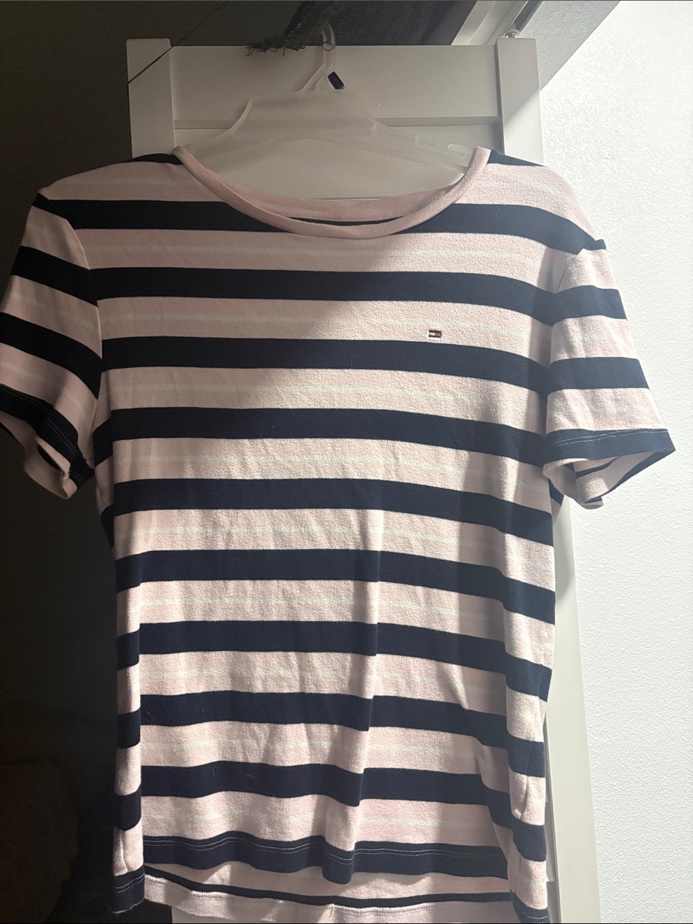 Tommy Hilfiger Men’s Navy and Pink Striped Short Sleeve Tee
